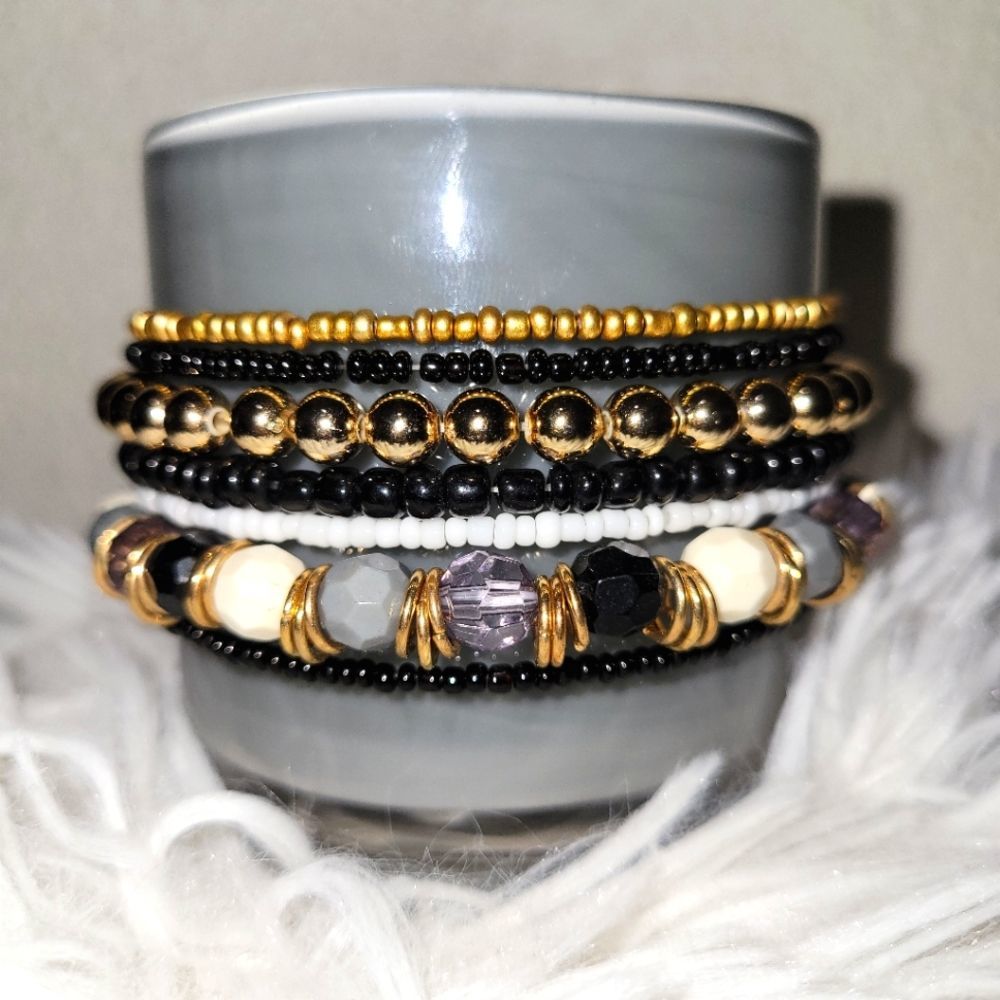 Beaded Bracelet Stack (7) - Black/Gold Tones